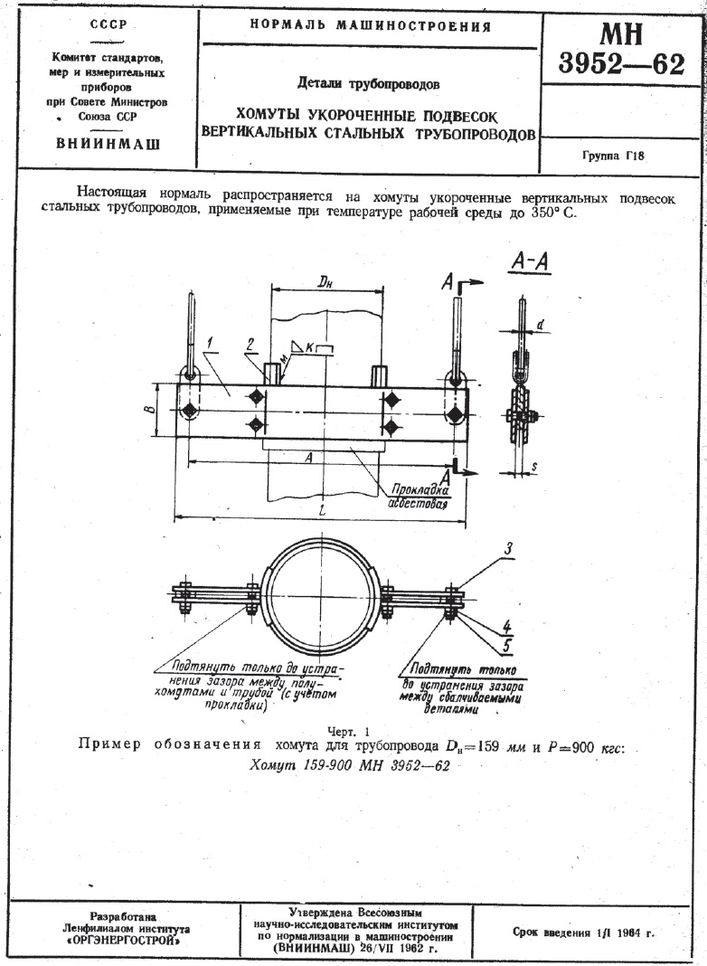Хомуты укороченные подвесок вертикальных трубопроводов МН 3952-62 стр.1