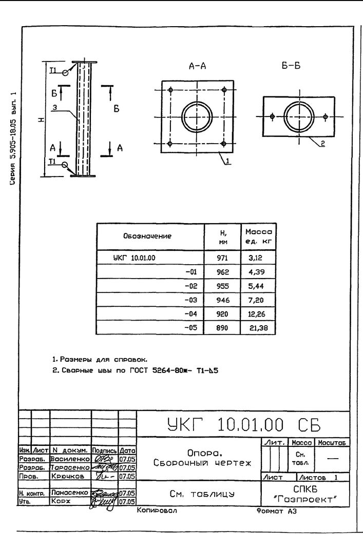 Крепление горизонтального газопровода Ду 50…200 мм на опоре из трубы внутри помещения УКГ 10.00 СБ серия 5.905-18.05 выпуск 1 стр.5
