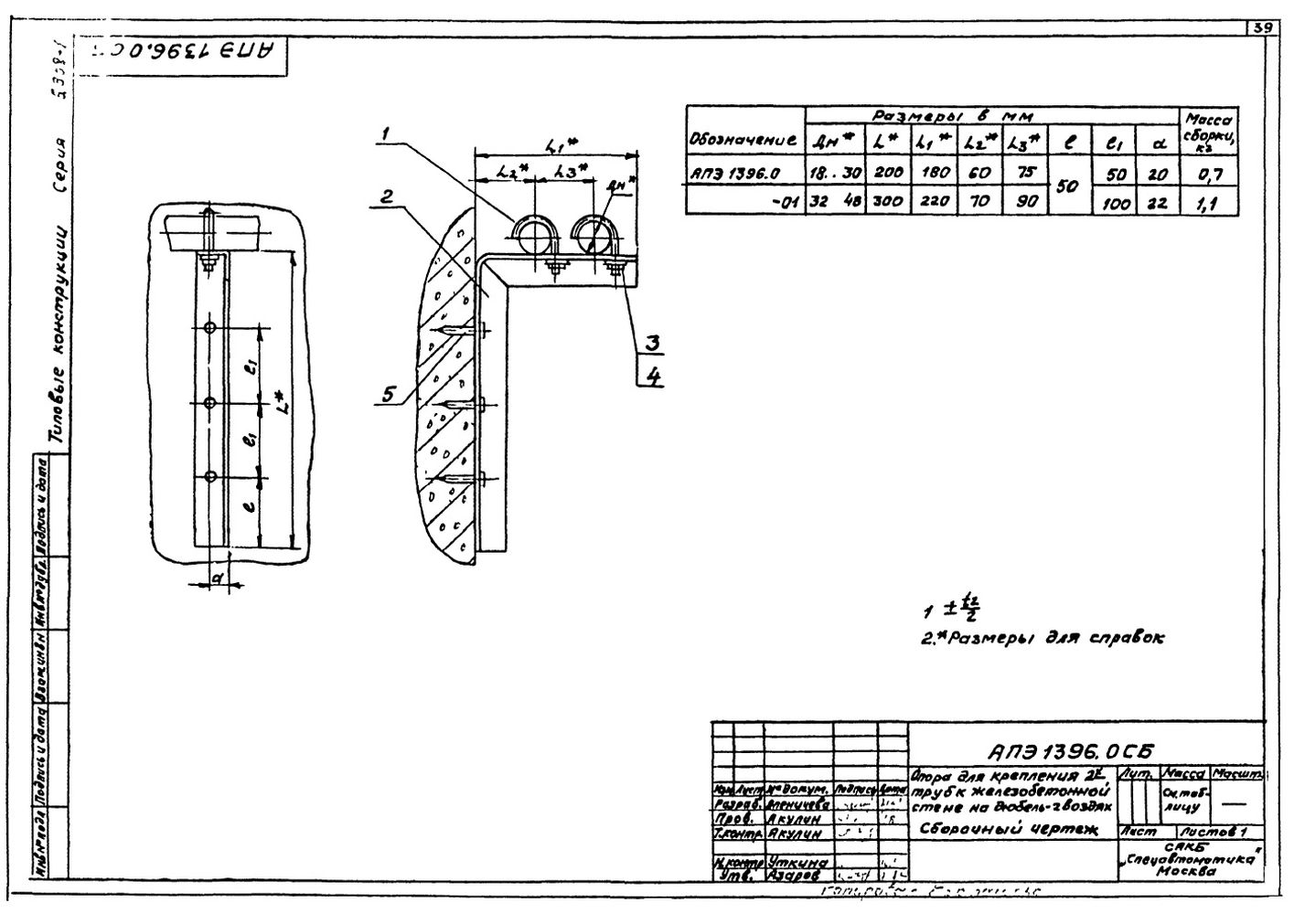 Опора для крепления двух труб к железобетонной стене на дюбель-гвоздях АПЭ 1396.0 серия 5.908-1 стр.1