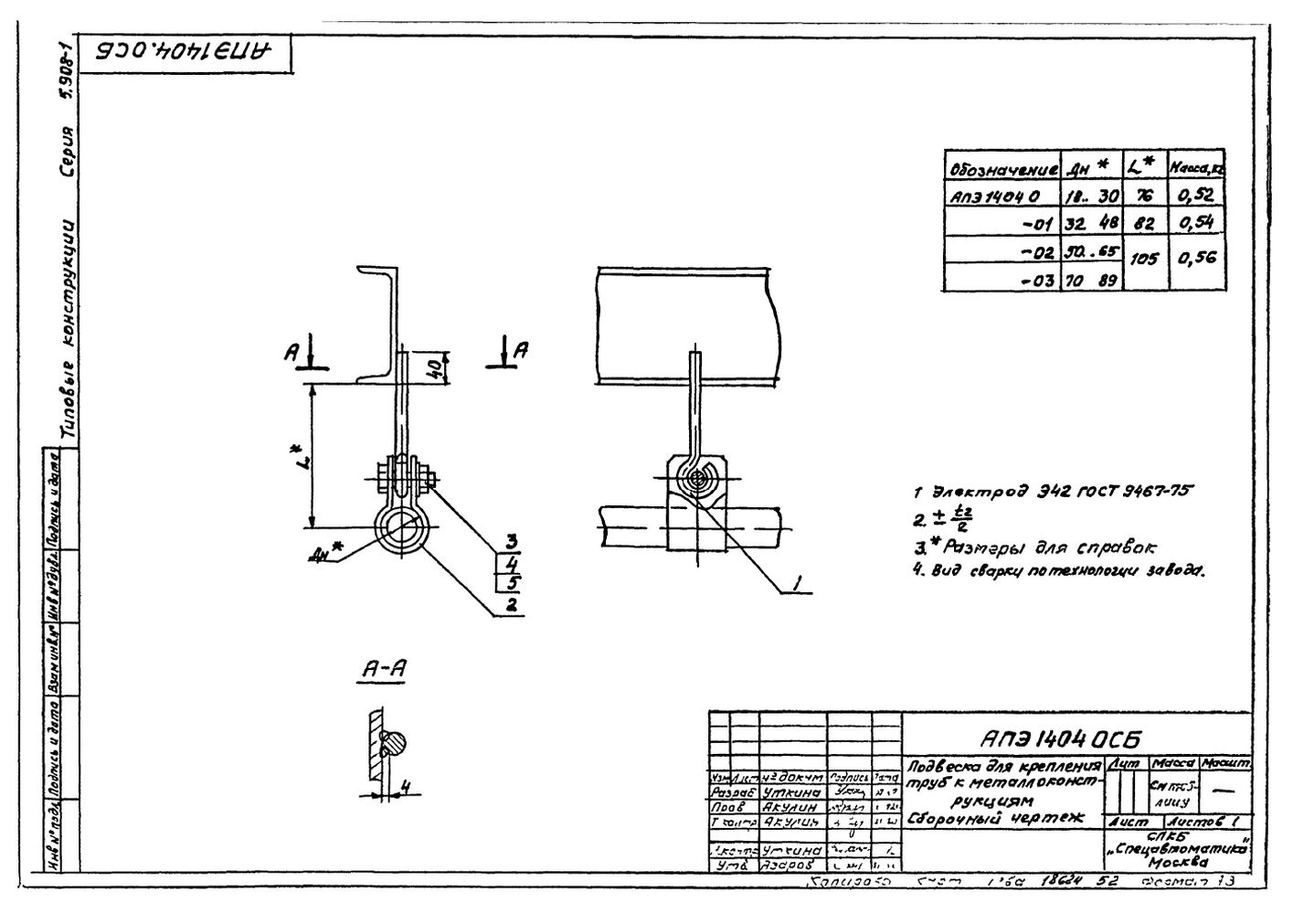 Подвеска для крепления труб к металлоконструкциям АПЭ 1404.0 серия 5.908-1 стр.1