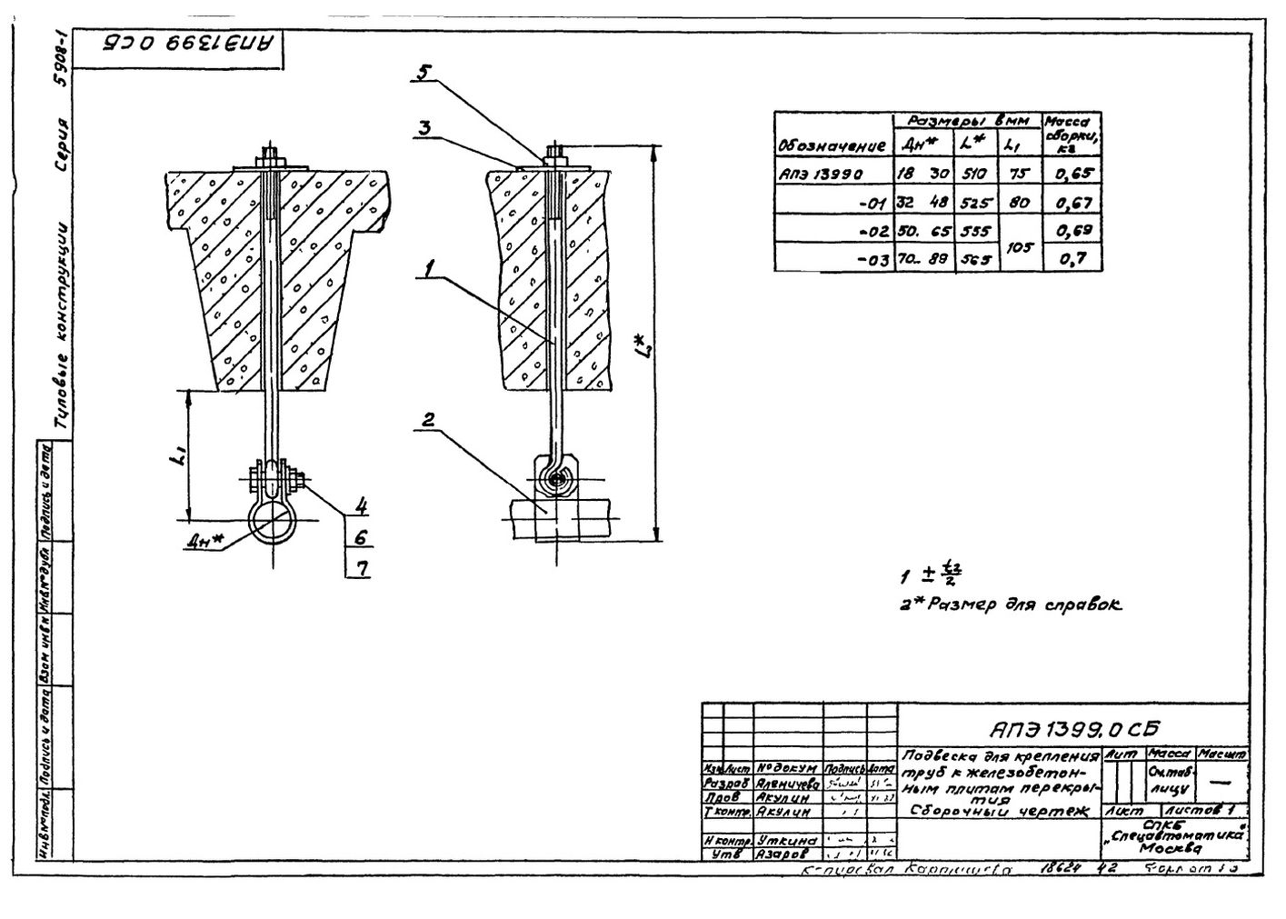 Подвеска для крепления труб к железобетонным плитам перекрытия АПЭ 1399.0 серия 5.908-1 стр.1