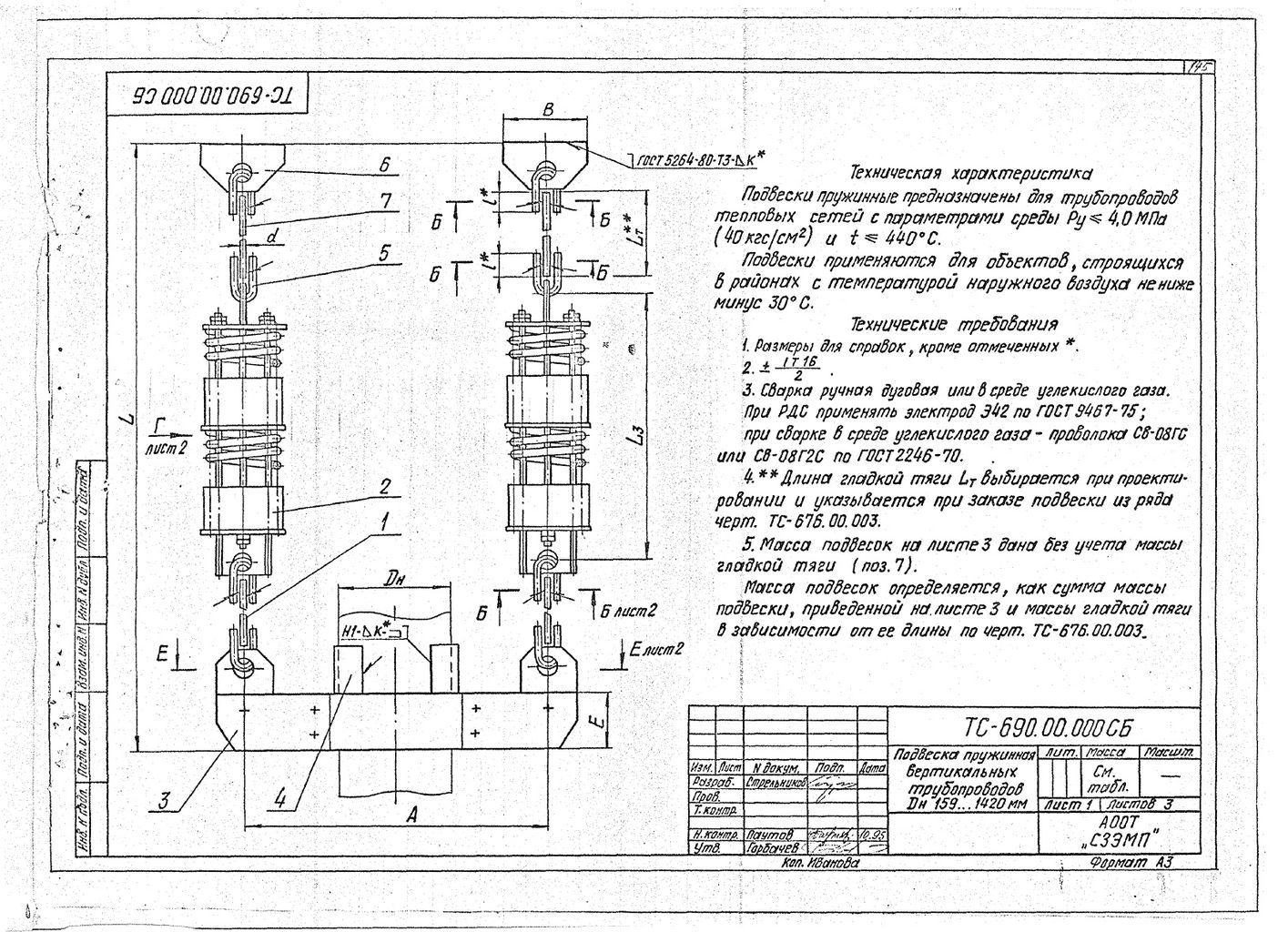 Подвески пружинные для вертикальных трубопроводов Дн 159-1420 мм ТС-690.00.000 СБ серия 5.903-13 выпуск 6-95 стр.1