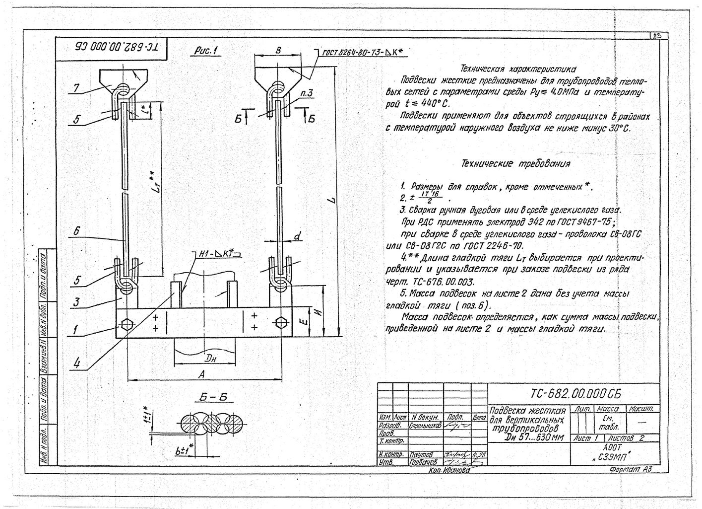 Подвески жесткие для вертикальных трубопроводов Дн 57-630 мм ТС-682.00.000 СБ серия 5.903-13 выпуск 6-95 стр.1