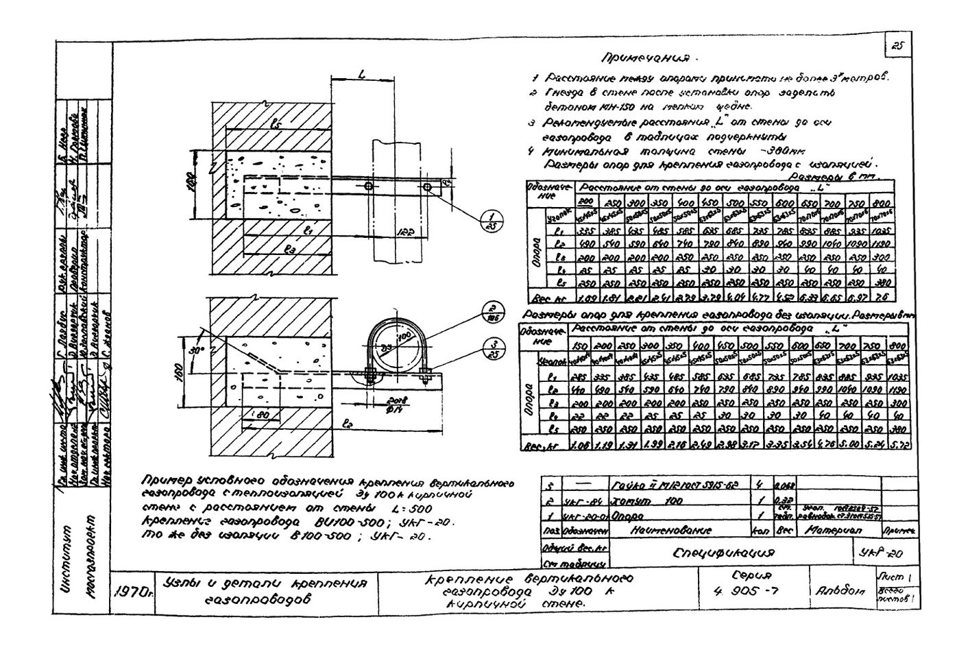 Крепление вертикального газопровода Ду100 к кирпичной стене УКГ-20 серия 4.905-7